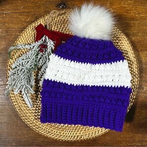 Cozy Purple and White Pom-Pom Beanie - fits teen/adult